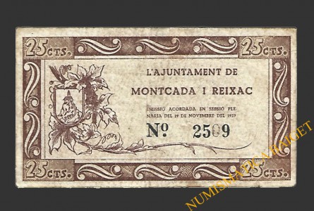 MONTCADA I REIXAC (Barcelona), 25 centims, 19 de novembre del 1937 